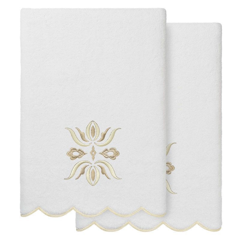  100% Turkish Cotton FLOWER CREST Scallop 2PC Embellished Bath Towel Set, Bath Towels - 2 Pack, White/Beige