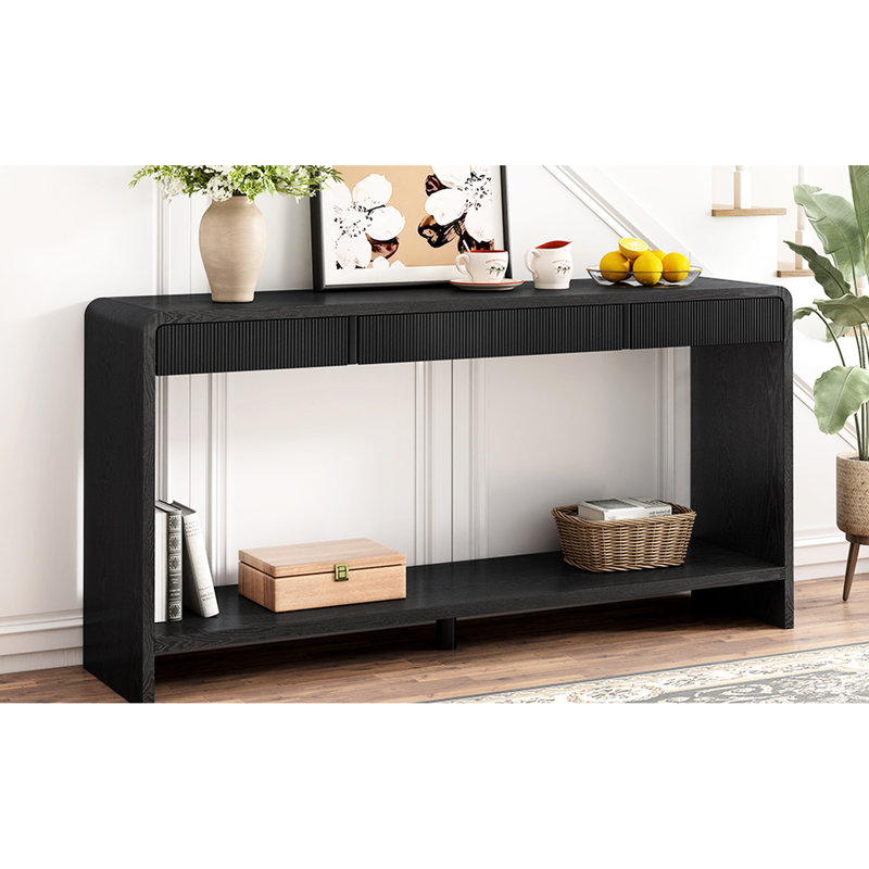 Table noire à 3 tiroirs avec rebords arrondis et lattes verticales, idéale pour un cadre de vestibule résidentiel, un placage en bois massif, un vestibule de style console moderne ou un rangement spacieux derrière le cadre, rehaussé