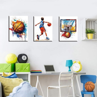 Aquarelle de joueur de basketball, impressions sur toile 12 x 16 po, 3 pièces pour salon de loisirs