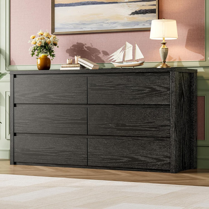 Black 6-Drawer Handle-Free Dresser – Wide Wooden Storage Cabinet for Bedroom, Entryway & Living Room, Black