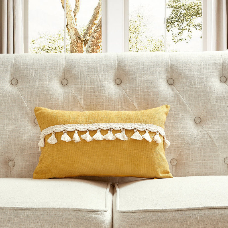 Tissu en chenille avec détails pompon et coussin en polyester, Jaune, Polyester
