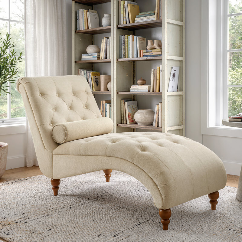 58" Tufted Chaise Lounge, Chenille Upholstered Accent Chair for Living Room and Bedroom, Beige