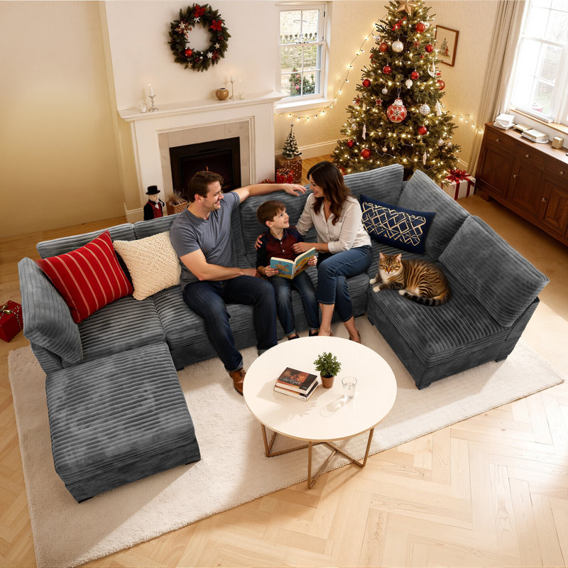 Benevides Corduroy Section Sofa Combination, 5 Seats, With Ottoman, Can Be Combined At Will, Gray Corduroy