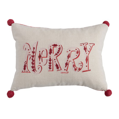 Cotton Printed Lumbar Pillow With "Merry"