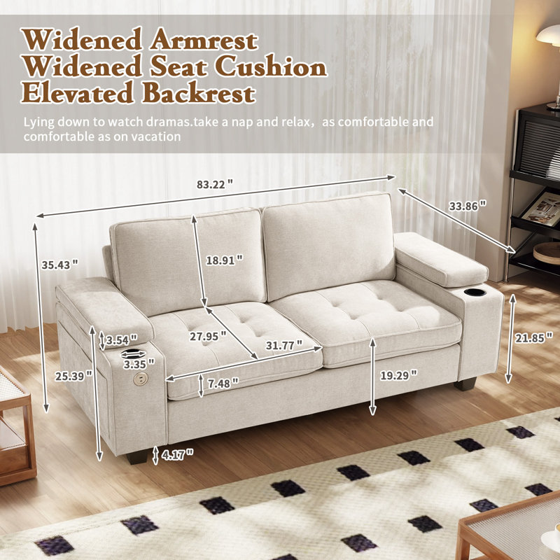Modern Luxury Deep Seat Chenille Upholstered Sofas Couches With Solid Wood Frame, Hidden Storage, Beige