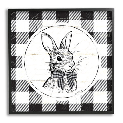 Dessin de lapin de Pâques détaillé, bordure à carreaux printanière noire, estampe numérique de Jennifer Pugh