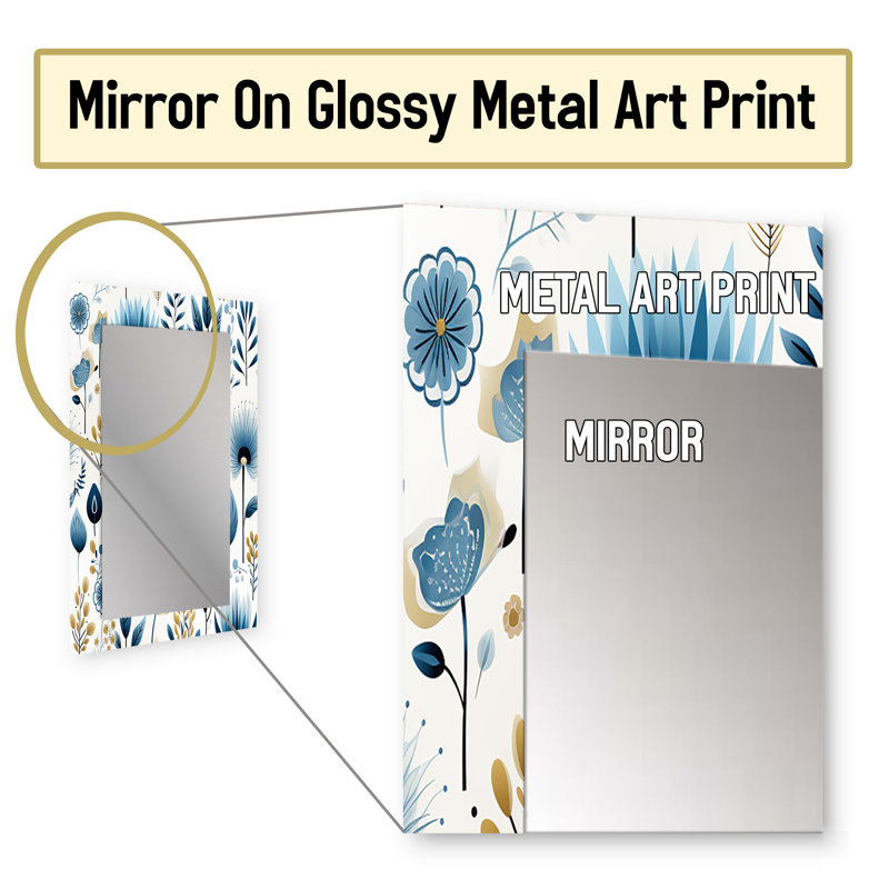 Taurean Minimalist Blue  Floral Charm  Botanics - Floral Wall Mirror, Floral Decorative Mirror, Printed Metal Art, 32" x 24"