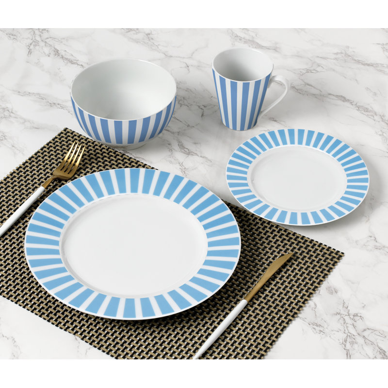 Waterside 24pc Split Stripe Porcelain Dinner Set, Blue