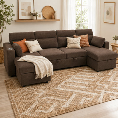 Canapé d'angle convertible en forme de U Casmorune avec 2 méridiennes de rangement dissimulées, canapé-lit gigogne, porte-gobelets en acier inoxydable intégrés aux accoudoirs et 2 coussins lombaires assortis.