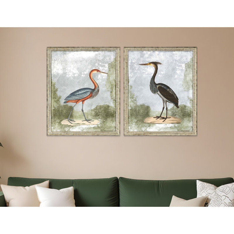 Ensemble de deux grues II, reproduction d'art encadrée argentée