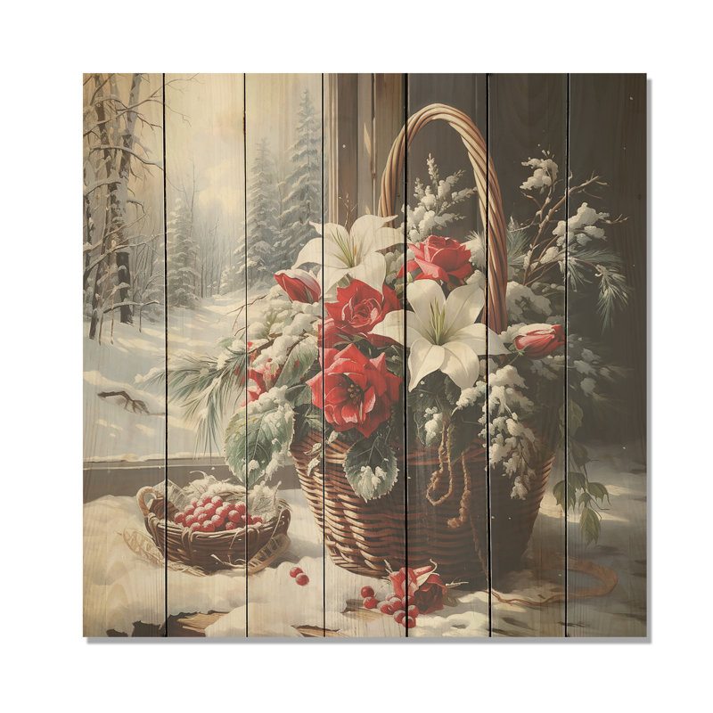 Winter Poinsettias Basket 1 II - Poinsettias On Wood Print, 25" H x 25" W