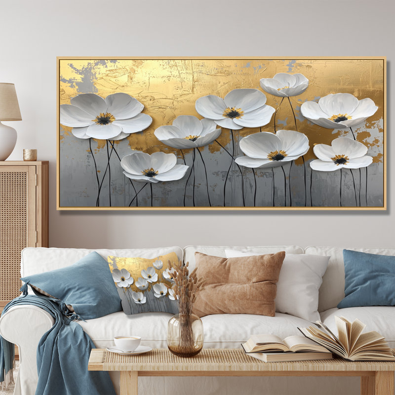 Fleurs blanches et dorées, forme pure de marbre V - art mural coquelicot, Noir, noir, noir, noir, H 28 po x l 60 po