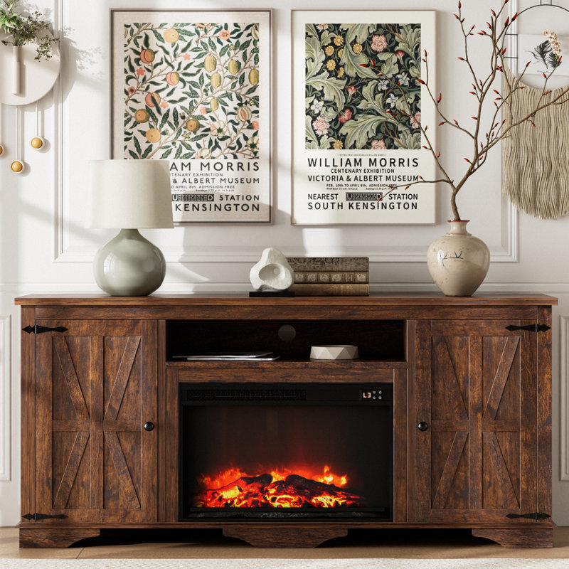 58″ Farmhouse Fireplace TV Stand with 29″ Electric Fireplace & Timer – Rustic Media Console with Barn Doors, Storage Cabinets, and Cable Management – Cozy Winter Living Room Center for TVs up to 65″