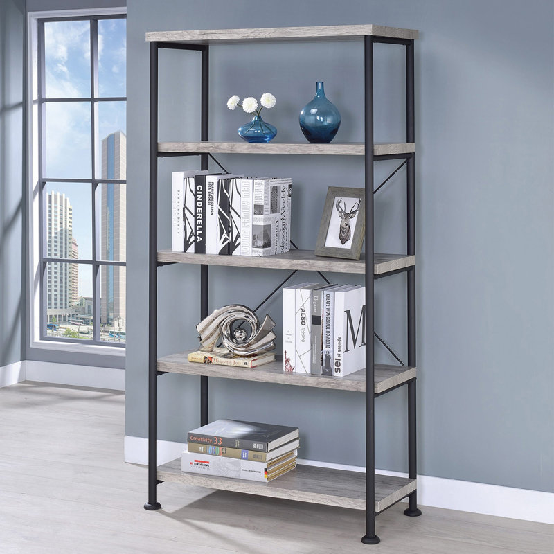 Bibliothèque à 4 tablettes avec structure en métal, Gris
