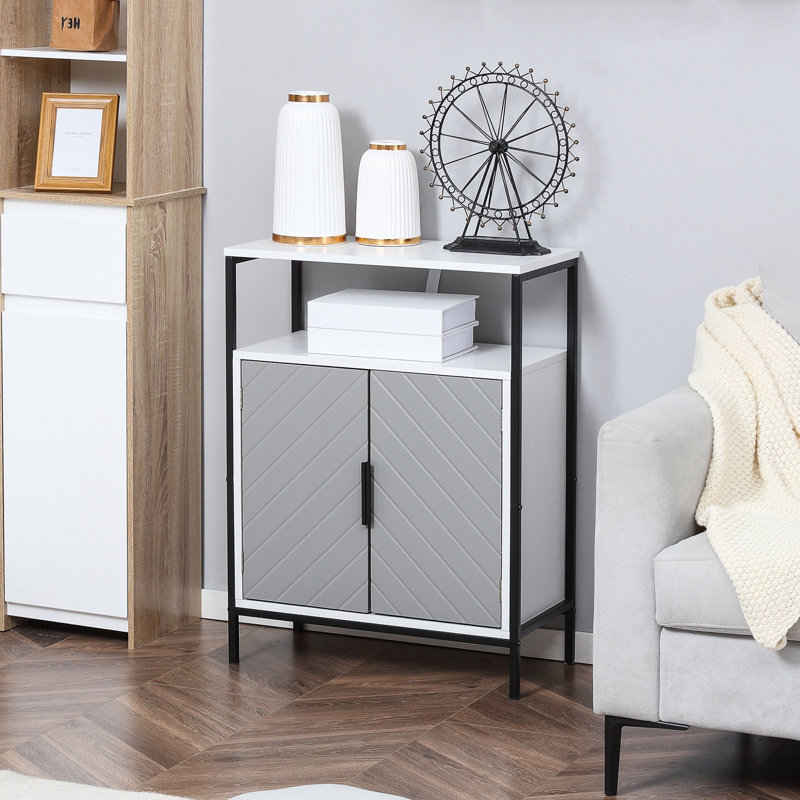 Armoire de rangement avec tablette ouverte et armoire à double porte avec panneau à chevrons et structure en acier