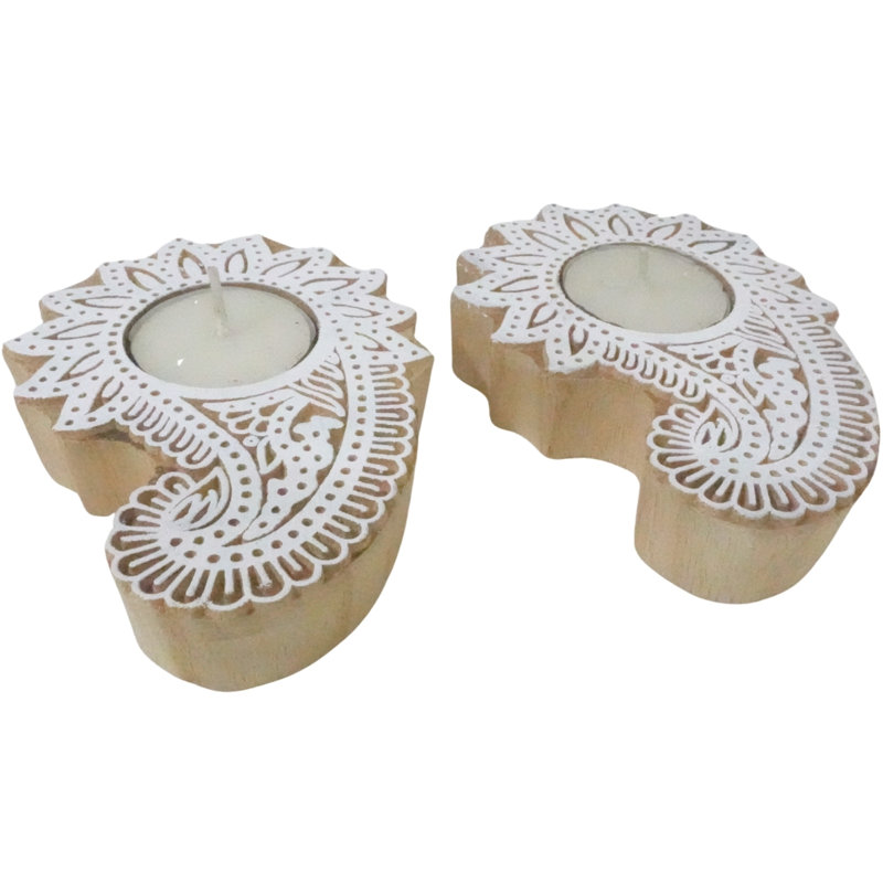  Handmade Block Print Heart Shaped Wooden Tea Light Candle Holder for Home décor, Festive Lighting, and Cozy Table Accents, 4
