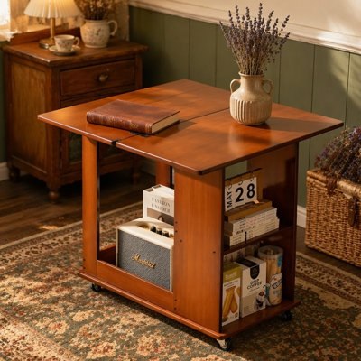 Bamboo folding edge table with movable storage, foldable tabletop suitable for beds and sofas, saving space, multiple storage spaces, natural texture