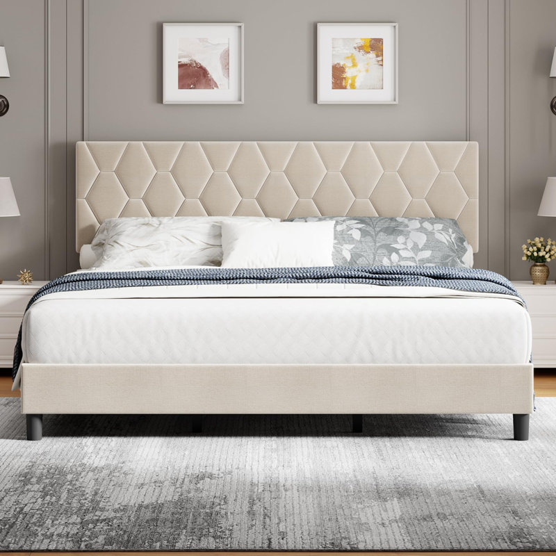 Structure de lit double avec tête de lit tapissier réglable, lattes en bois massif, aucun sommier requis, Beige