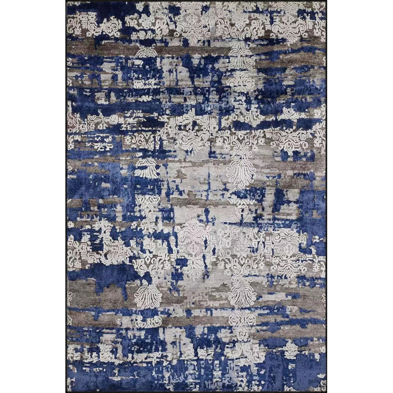 Tapis bleu tissé moderne lavable à la machine, Sous-tapis rectangulaire de 3 pi 3 po x 4 pi 11 po