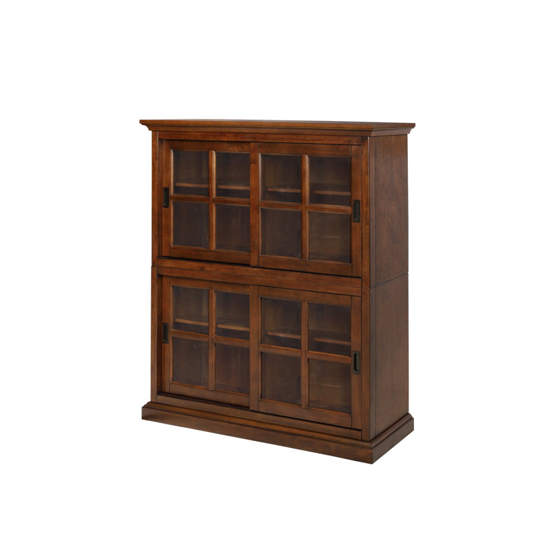 Fennell 55'' H x 47'' W Wooden 2 Tier Stackable Standard Storage Bookcase with Sliding Glass Doors and Adjustable Height Shelves, Coffee