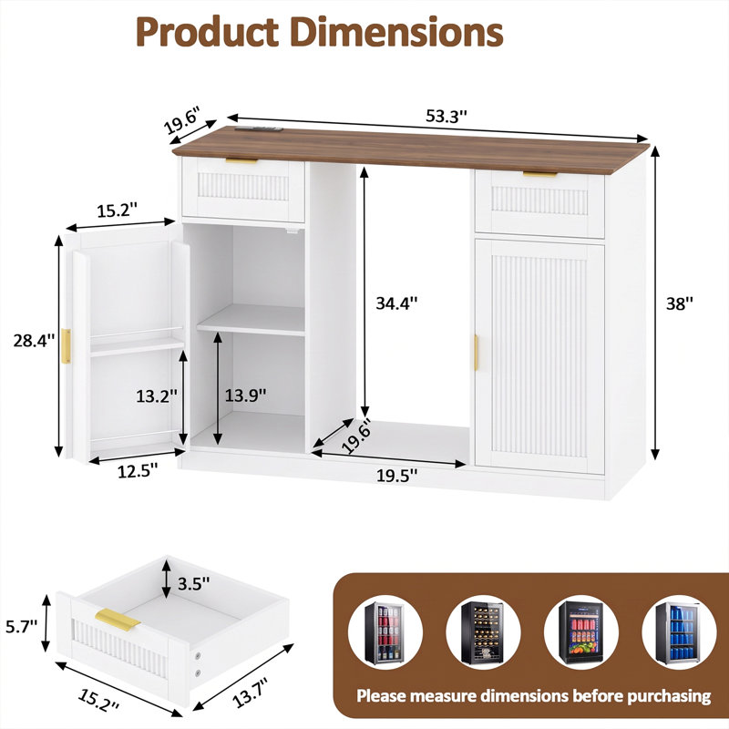 Meuble-bar à café cannelé de 135,5 cm de large avec compartiment réfrigérateur et prise électrique, buffet avec rangement, blanc