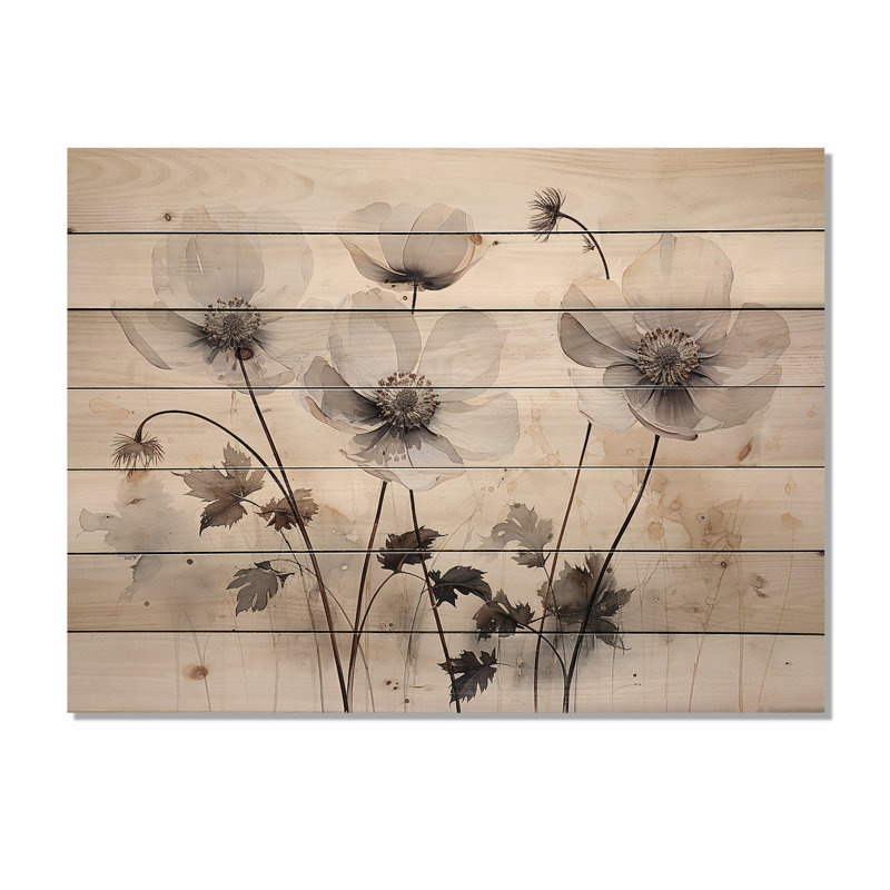 Buttercups Fields On Grey I - Buttercups Wood Wall Art On Natural Pine Wood, 10" H x 20" W