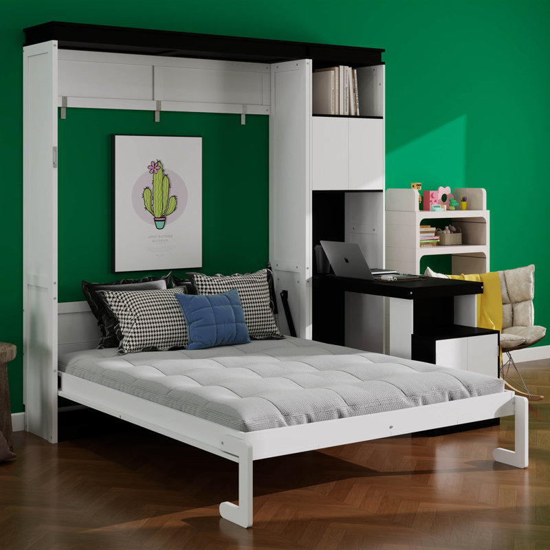 Lit escamotable avec bureau, tablettes et armoires de rangement