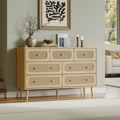 Rattan Dresser For Bedroom With 7 Drawers, Wide Chest of Drawers, Wood Storage Cabinet for Entryway, Living Room, Hallway