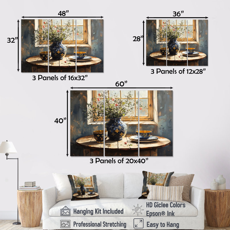 «Blue Fashion and Farmhouse Pottery Table II - Boho Pottery», ensemble de reproduction d'art mural, Toile tendue