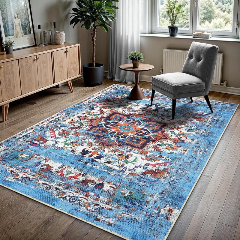 GLN Traditional Collection - Tapis lavable à la machine, antidérapant, tapis en chenille pour salon, chambre à coucher, tapis (bleu)