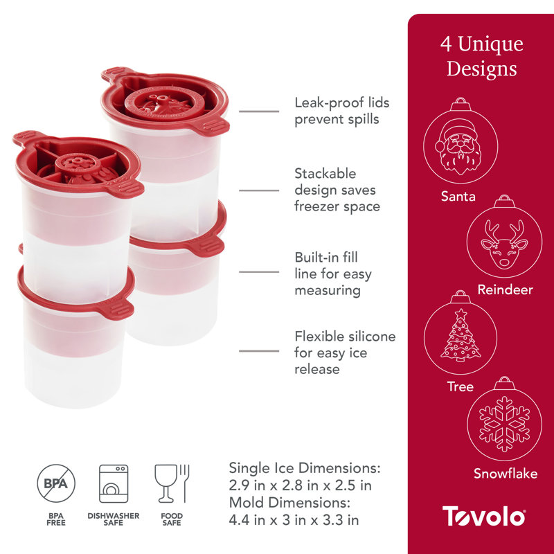 Tovolo Holiday Ornament Ice Molds Set of 4 Snowflake and Tree Shapes for Cocktails, Red