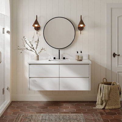   Ensemble de meuble-lavabo mural rectangulaire simple 49 po avec comptoir en quartz blanc pur 1,5 po Ensuko