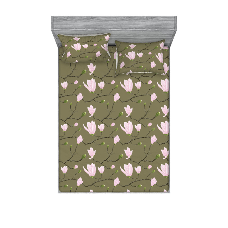 Drap-housse et taie décorative Ambesonne Magnolia pastel, dessin Kaki doux, Ensemble de draps très grand californien avec 2 t
