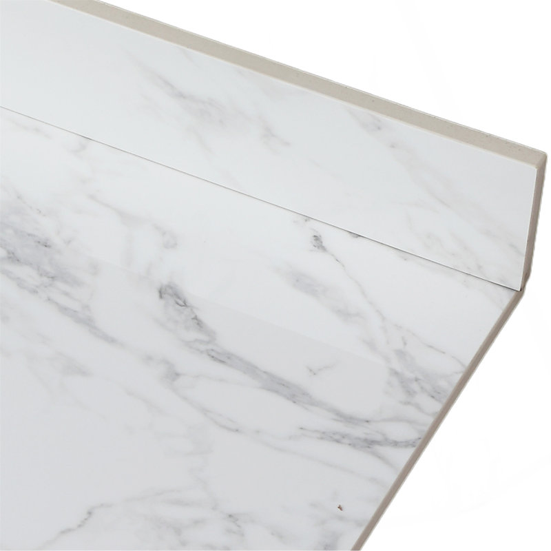 Dessus de meuble-lavabo 49 po x 22 po, dessus de meuble-lavabo en pierre frittée blanc Carra avec lavabo rectangulaire encastré en céramique avec dosseret de meuble-lavabo, trois trous pour robinet