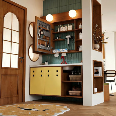 Meuble-lavabo mural Mid-Century à deux tons en bois d'hévéa avec lavabo en céramique intégré et armoire de toilette avec miroir