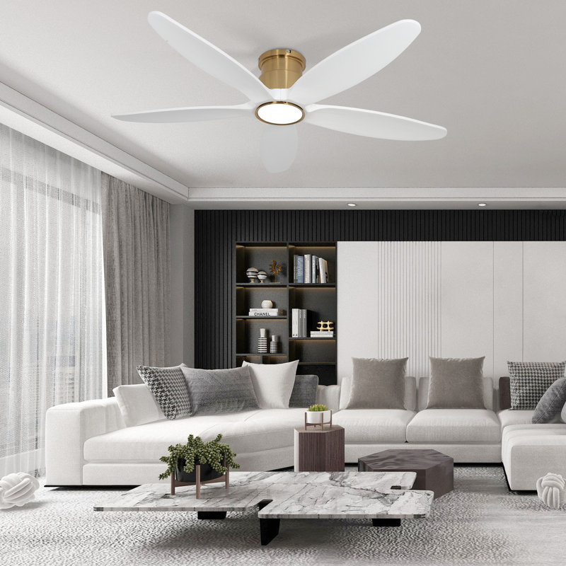 52 Inch Indoor Outdoor Flush Mount Ceiling Fans With Lights Remote Control, Quiet Dc Motor 5 Blade Modern White Gold Ceiling Fan For Bedroom Living Room Patio