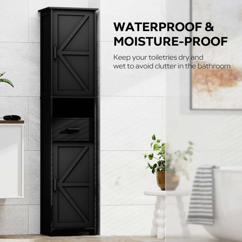 69" H Tall Bathroom Storage Cabinet With 2 Barn Doors And 1 Drawer, Black