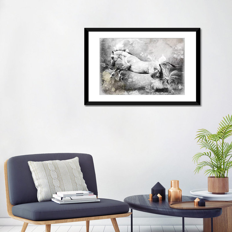 «White Horse», impression sur toile, Papier d'art encadré noir, H 24 po x l 32 po x P 1 po