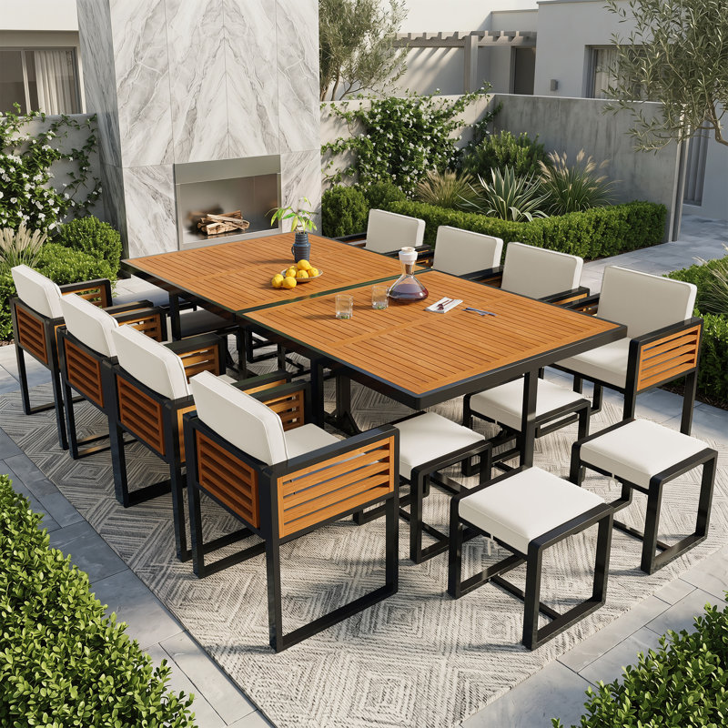 18-Pieces Premium Acacia Wood Patio Dining Set With Cushions, Beige