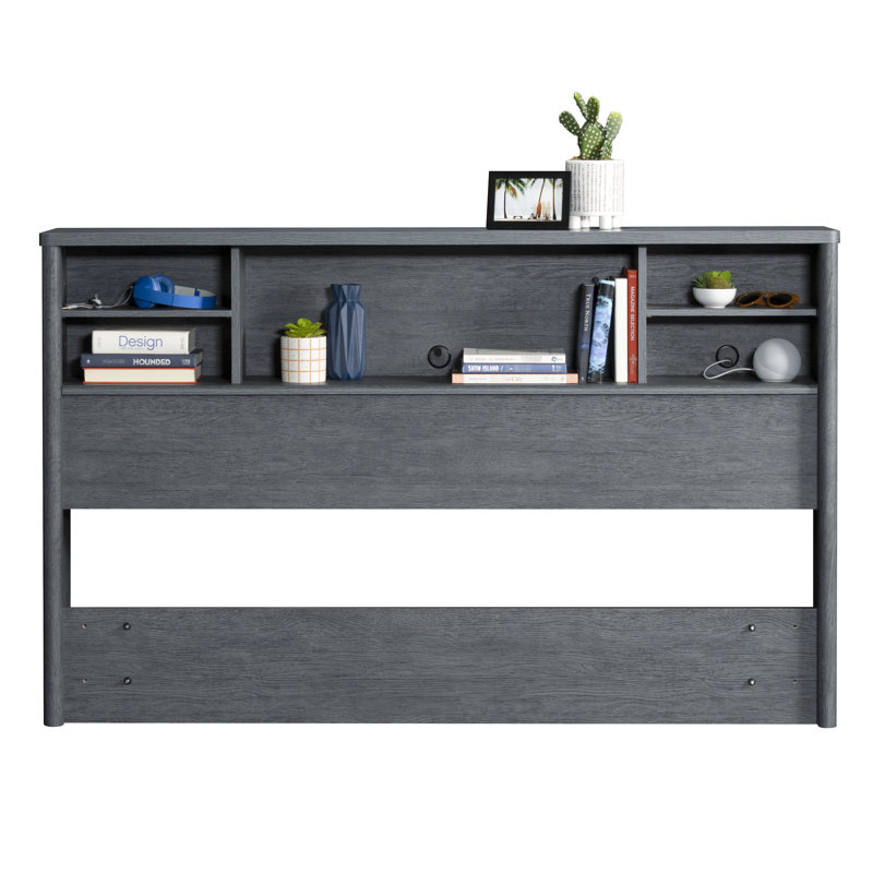Tête de lit double / grande bibliothèque en denim et brun, solution de rangement élégante pour les chambres à coucher, compartiments multifonctionnels pour livres, compatible avec les grands lits doubles, aspect gris contemporain,