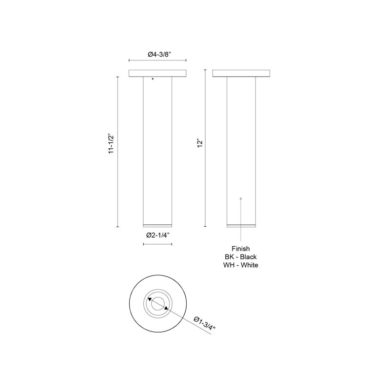 Support pour plafond à DEL 36 po Lorna 12 po (2 po de diamètre), Blanc, H 12 po x l 4,38 po x P 4,38 po, 12 W