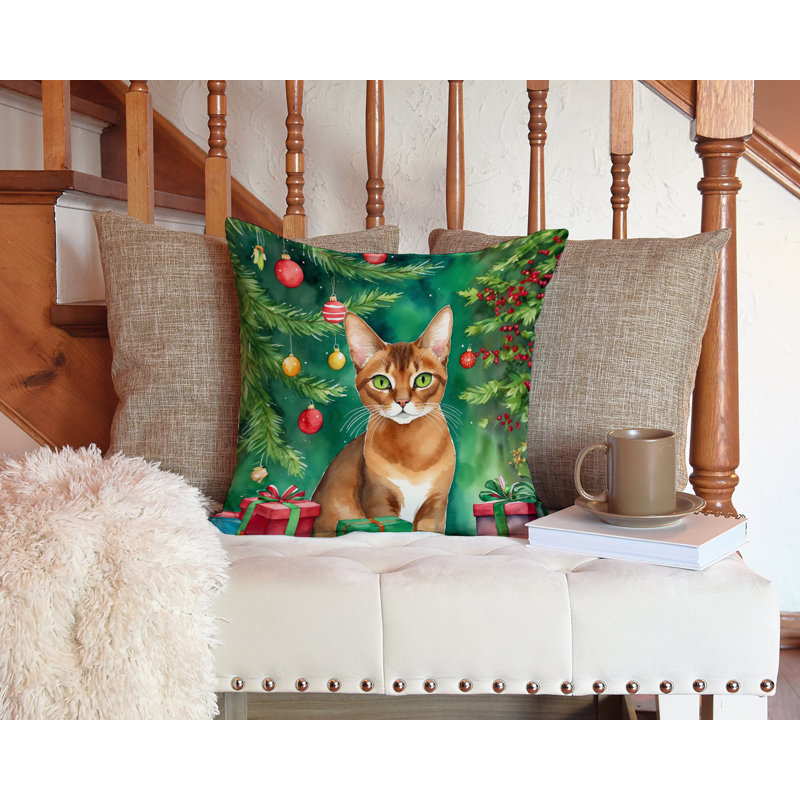 Cat By the Christmas Tree Throw Pillow, Square 14", Abyssinian