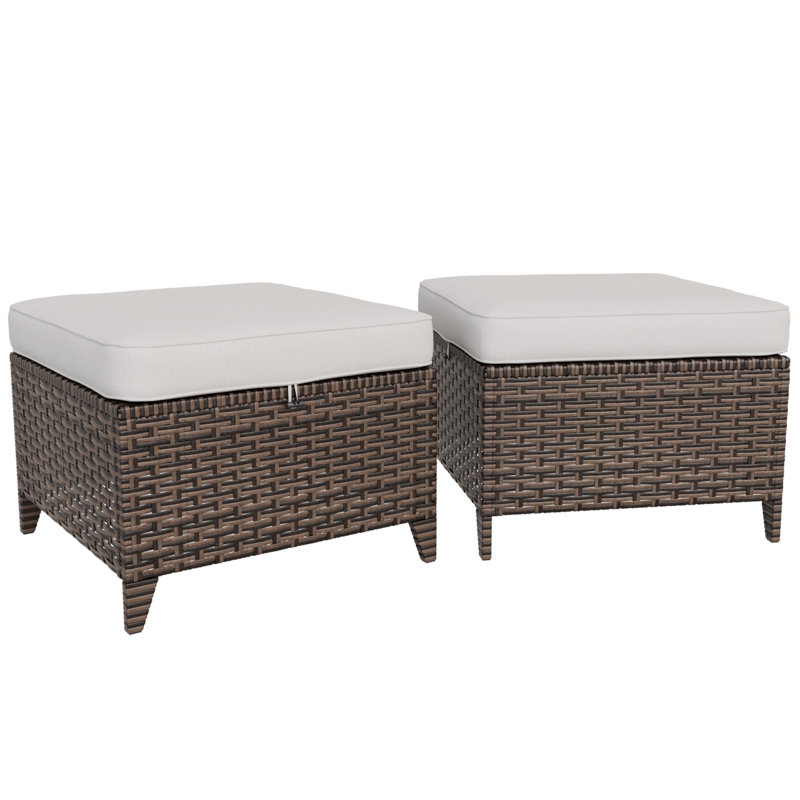 Repose-pieds d'extérieur en osier de polyéthylène brun avec coussin (ensemble de 2), Beige