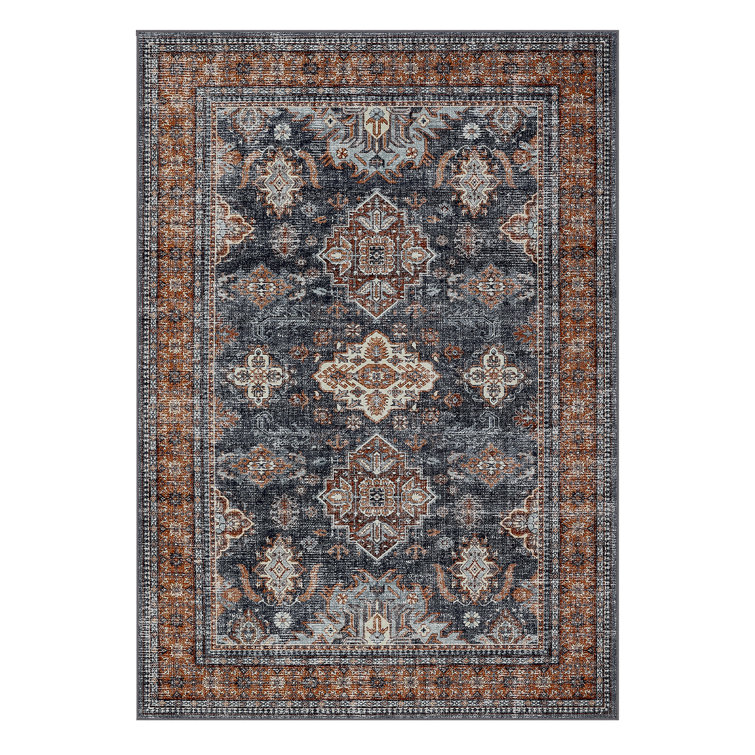 Oriental Machine Washable Rug with Rubber Non-Slip Backing for Living Room, Dining Room, Bedroom, Office & Playroom