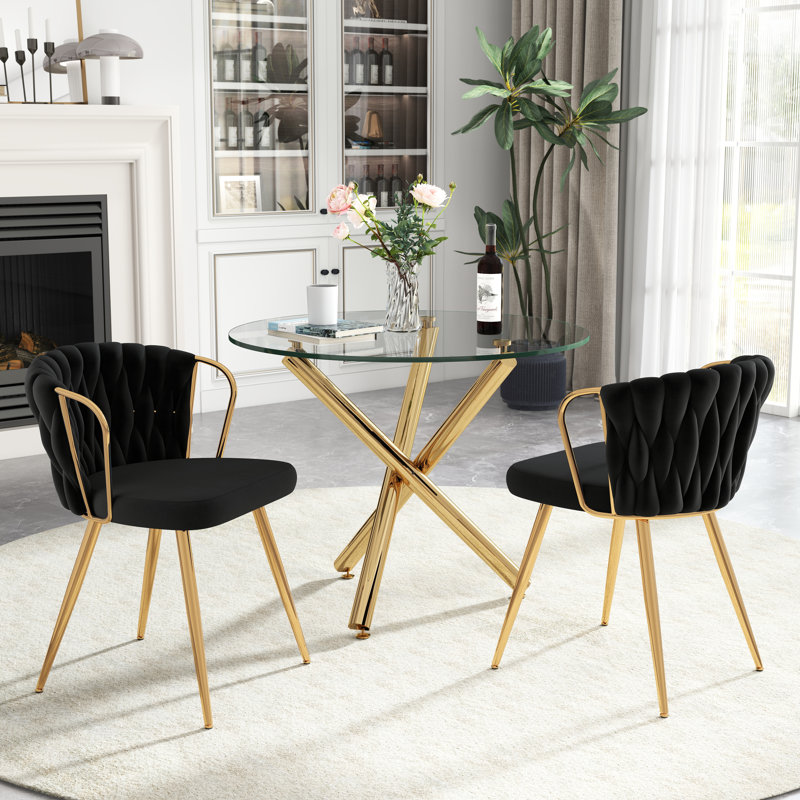 Elegant Round Glass Dining Table Set, Black, 3 Pieces: Table, 2 Chairs, Gold