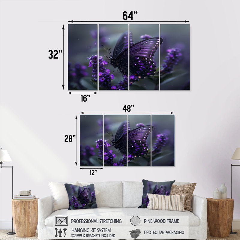 «Mauve et noir papillon, beauté sur fleur», ensemble d'art mural sur toile, H 32 po x l 64 po
