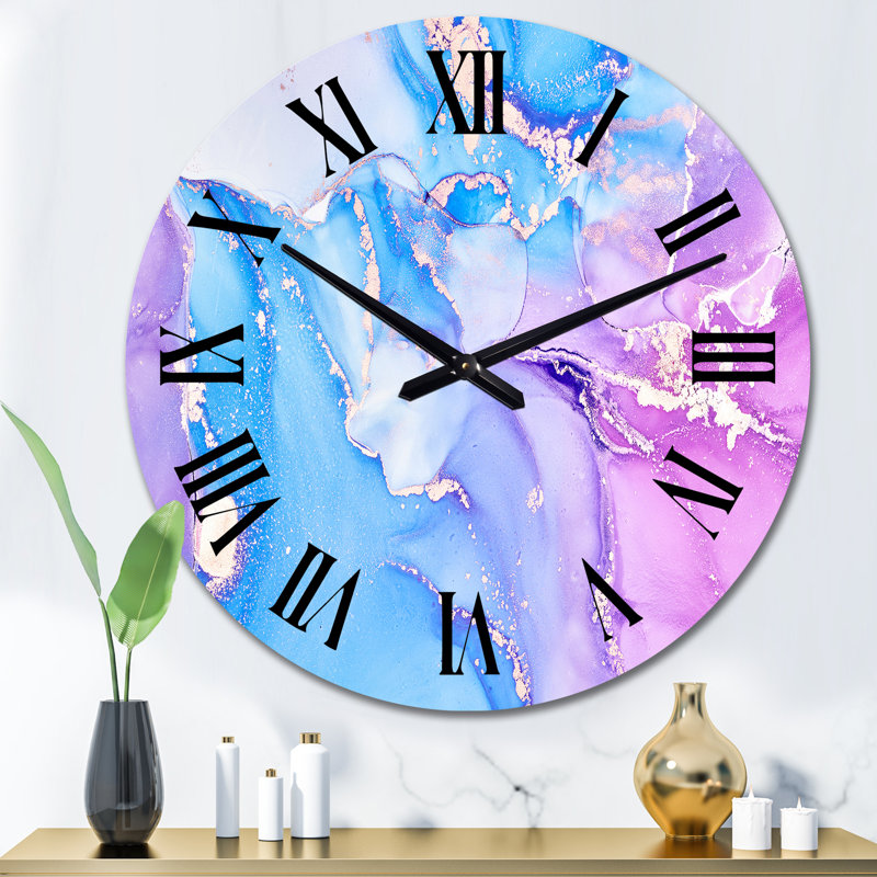 Horloge murale moderne en marbre bleu et mauve abstrait II, Surdimensionné