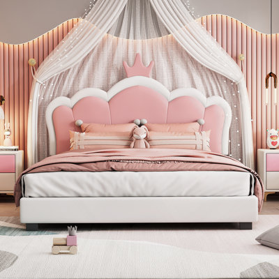 Exquisite Upholstered Princess Platform Bed With Crown-Shaped Headboard And Footboard For A Dreamy Bedroom Retreat