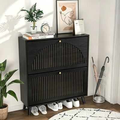 16 Pair Shoe Cabinet With 2 Flip Drawers And Adjustable Shelves, Freestanding Shoe Storage Organizers With Fluted Arched Pattern