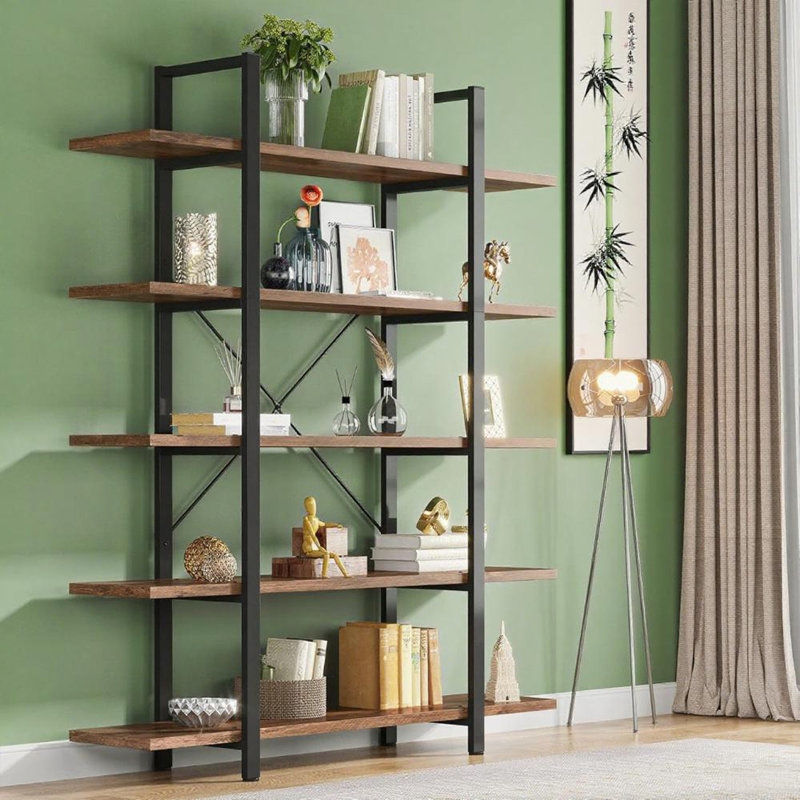 5-Tier Shelf Bookcase Metal Frame, Rustic/Brown